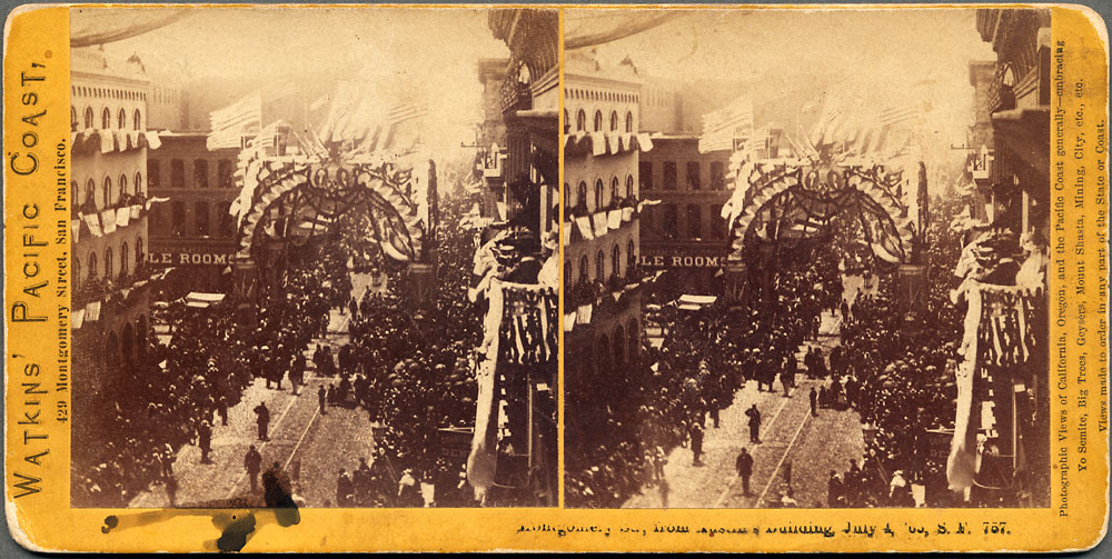 Watkins #757 - Montgomery Street, from Austin's Building, July 4, 1865, S.F.