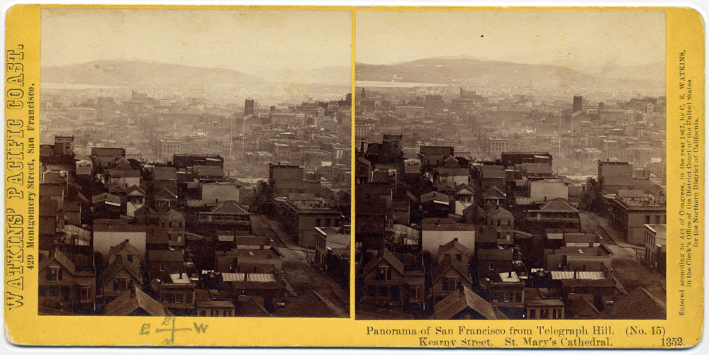 Watkins #1352 - Panorama of San Francisco from Telegraph Hill (No. 15). Kearny Street, St. Mary's Cathedral.